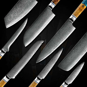 Allure Professional Japanese VG10 Damascus 8-Pcs Knife Set with Exotic Olive Burl Wood & Resin Handle - TRAPSKI