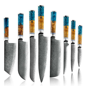 Allure Professional Japanese VG10 Damascus 8-Pcs Knife Set with Exotic Olive Burl Wood & Resin Handle - TRAPSKI