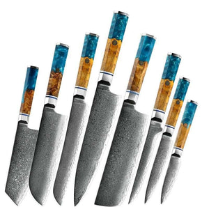 Allure Professional Japanese VG10 Damascus 8-Pcs Knife Set with Exotic Olive Burl Wood & Resin Handle - TRAPSKI