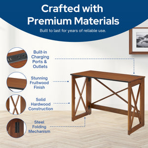 MECO Stakmore Stylish Versatile Folding Desk with Built In Outlets, Fruitwood