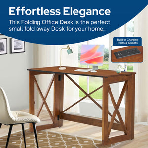 MECO Stakmore Stylish Versatile Folding Desk with Built In Outlets, Fruitwood
