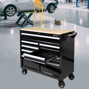 9 Drawer Multifunctional Steel Tool Cart with Wooden Top and Wheels - Red or Black