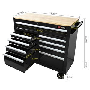 9 Drawer Multifunctional Steel Tool Cart with Wooden Top and Wheels - Red or Black