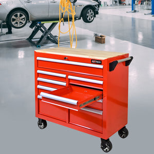 9 Drawer Multifunctional Steel Tool Cart with Wooden Top and Wheels - Red or Black