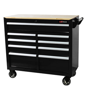 9 Drawer Multifunctional Steel Tool Cart with Wooden Top and Wheels - Red or Black