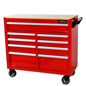 9 Drawer Multifunctional Steel Tool Cart with Wooden Top and Wheels - Red or Black
