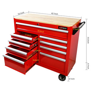 9 Drawer Multifunctional Steel Tool Cart with Wooden Top and Wheels - Red or Black