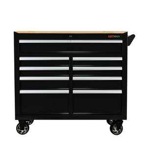 9 Drawer Multifunctional Steel Tool Cart with Wooden Top and Wheels - Red or Black