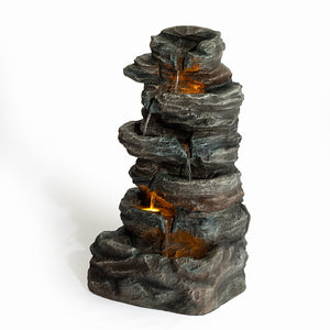 6-Tier Outdoor Cascading Stone Water Fountain with LED Lights - Gray