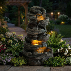 6-Tier Outdoor Cascading Stone Water Fountain with LED Lights - Gray