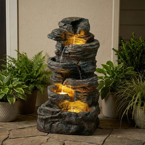 6-Tier Outdoor Cascading Stone Water Fountain with LED Lights - Gray