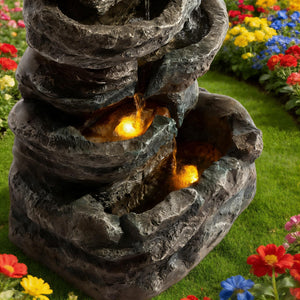 6-Tier Outdoor Cascading Stone Water Fountain with LED Lights - Gray
