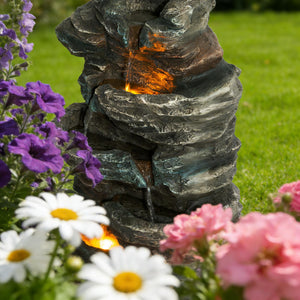 6-Tier Outdoor Cascading Stone Water Fountain with LED Lights - Gray