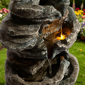 6-Tier Outdoor Cascading Stone Water Fountain with LED Lights - Gray