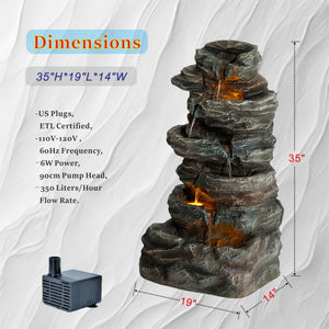6-Tier Outdoor Cascading Stone Water Fountain with LED Lights - Gray
