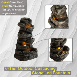 6-Tier Outdoor Cascading Stone Water Fountain with LED Lights - Gray