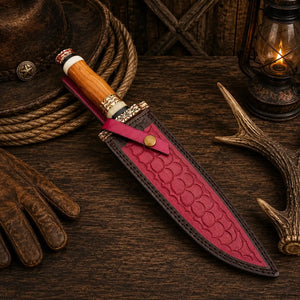 Brass Ridge Damascus Bowie Knife – Ash Wood Handle & Red Sheath