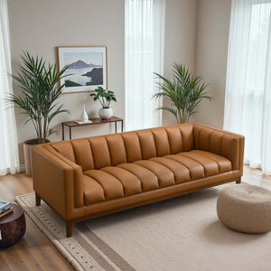 Mid-Century Cognac Vegan Leather Sofa with Channel Tufting - 4-Seater