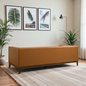 Mid-Century Cognac Vegan Leather Sofa with Channel Tufting - 4-Seater