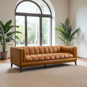 Mid-Century Cognac Vegan Leather Sofa with Channel Tufting - 4-Seater