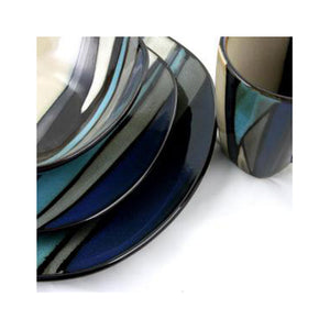 Gibson Elite 16 Piece Reactive Glaze Dinnerware Plates, Bowls, and Mugs, Teal