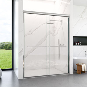 Modern Semi Frameless Double Sliding Shower Door with Tempered Glass - Pearl Silver or Black