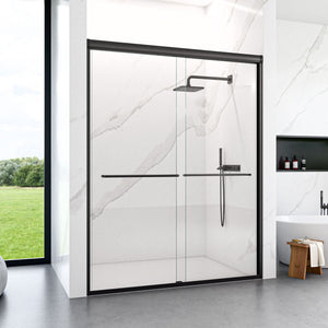 Modern Semi Frameless Double Sliding Shower Door with Tempered Glass - Pearl Silver or Black