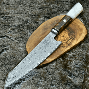 Aurora Japanese Chef Knife with Exotic Olive Burl Wood & Mother of Pearl Handle - TRAPSKI, LLC