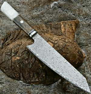 Aurora Japanese Chef Knife with Exotic Olive Burl Wood & Mother of Pearl Handle - TRAPSKI, LLC