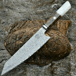Aurora Japanese Chef Knife with Exotic Olive Burl Wood & Mother of Pearl Handle - TRAPSKI, LLC