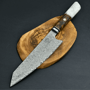 Aurora Japanese Chef Knife with Exotic Olive Burl Wood & Mother of Pearl Handle - TRAPSKI, LLC