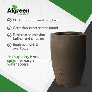 Algreen Plastic Rain Barrel, 50 Gal Rainwater Drum w/ Spigot, Athena, Brownstone