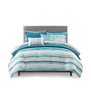 8 Piece Printed Seersucker Comforter and Quilt Set Collection Aqua Full/Queen