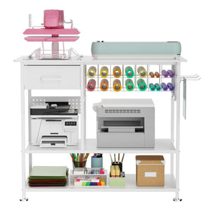 Large Heat Press Table With Charging Station, Movable Workbench For Diy Sublimation - White