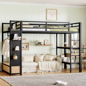 Twin XL Size Loft Bed Frame with Wardrobe and Shelves