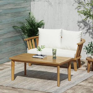 2-Person Outdoor Acacia Wood Patio Seating Group with Cushions - Cream White/Teak