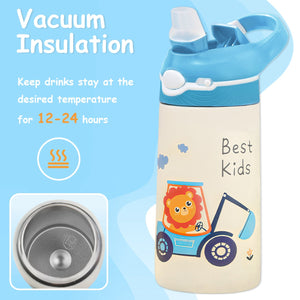 13.5Oz Insulated Stainless Steel Water Bottle Leak-proof Bottle for Kids with Straw Push Button Lock Switch Sports Water Bottle for Toddlers Boys Girl