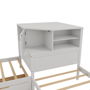 L-Shaped Bed Frame With Trundle, Built In Desk & LED Lighting