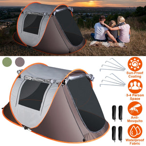 3-4 Person Pop Up Tent Automatic Setup Camping Tent Waterproof Instant Setup Tent with 2 Mosquito Net Windows Carrying Bag for Hiking Climbing Adventu