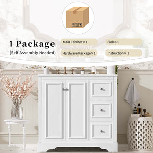 Bathroom Vanity With Sink, Soft-Close Doors, Adjustable U-Shelf, 3 Drawers