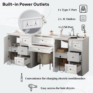 Double Sink Bathroom Vanity With Countertop, 2 Ceramic Sinks, 6 Drawers