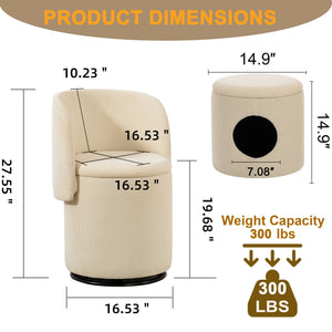 Barrel Chair, Built In Storage, 360° Swivel - Beige