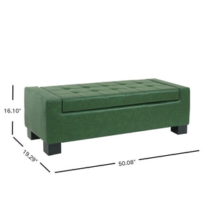 Green Storage Ottoman Bench, PU Upholstered Footrest with Solid Wood Legs
