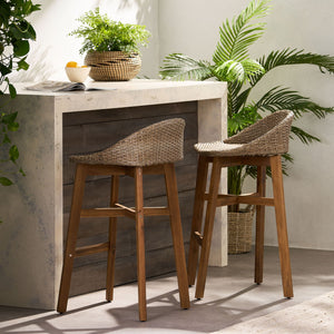 Beeson Outdoor Wicker and Acacia Wood Barstools Set, Water Resistant - Brown