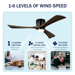 52" Flush Mount Solid Wood Blades Ceiling Fan with Lights Remote Control