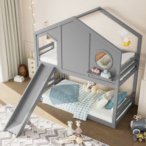 Twin House Bunk Bed with Slide and Storage Shelves