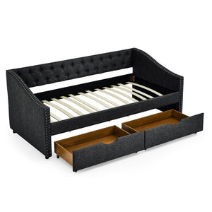 Upholstered Tufted Daybed With 2 Drawers, Waved Arms