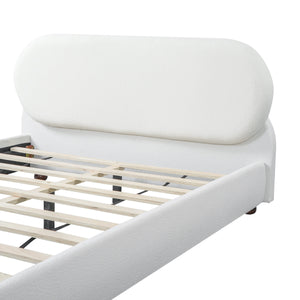 Cream-colored Boucle Upholstered Bed with Rubber Wood Foot, Queen