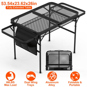 Foldable Camping Table Collapsible Picnic Aluminum Alloy Grill Stand BBQ Table with 66LBS Max Load Adjustable Height 2 Side Wing Trays Storage Net