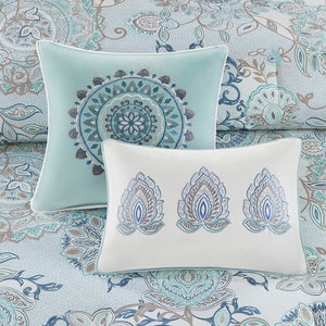 8 Piece Cotton Floral Printed Reversible Comforter Set Blue